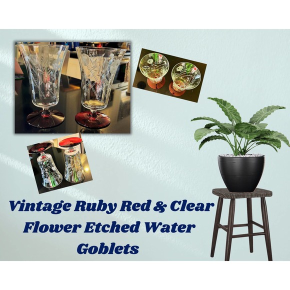 Vintage Etched Wine Glasses, Set of 2 Clear Water Goblets - Picture 1 of 6